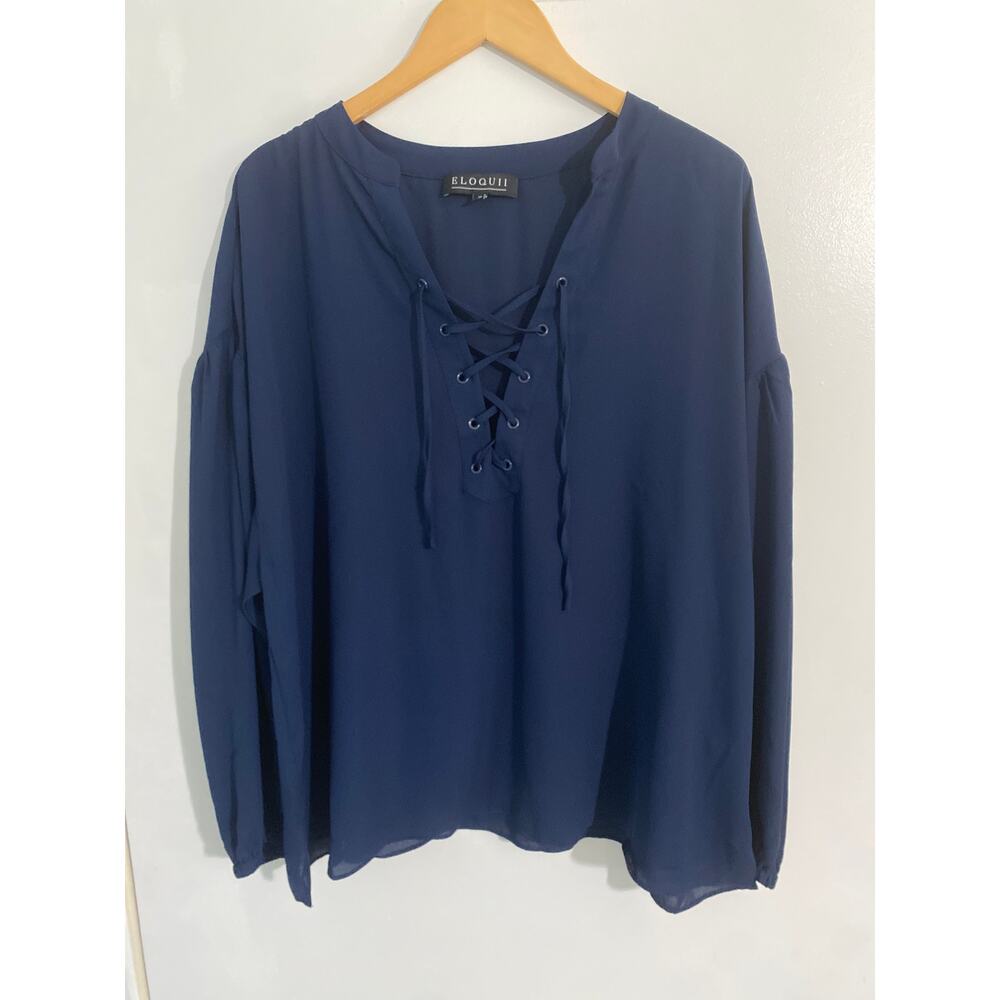 Eloquii blouse women size 18 navy blue chiffon balloon sleeve tie front peasant